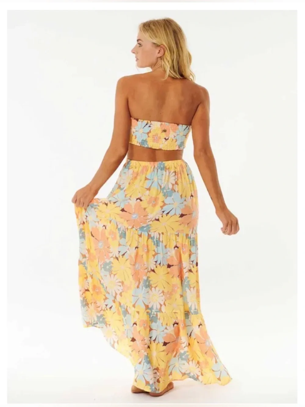 Rip Curl Strapless Cutout Floral Maxi Dress Smocked Bodice Size M - Picture 2 of 7